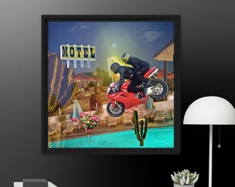 Motorcycle Couple Dreamscape Surreal Photography Framed Canvas Print (16”W×16”H)