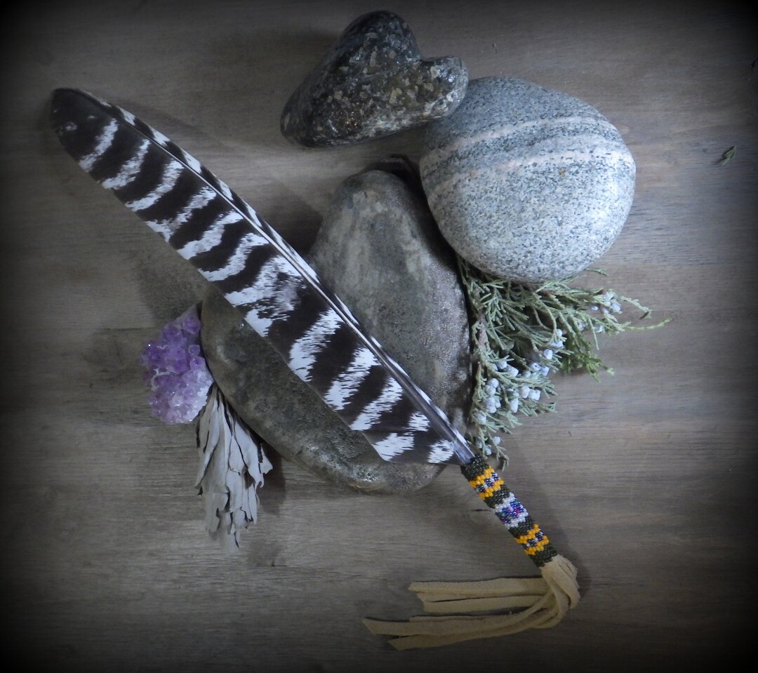 Hand Beaded Turkey Feather Smudge Fan Taxidermy Medicine Etsy