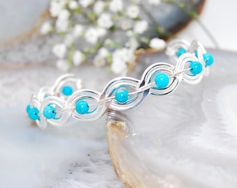 Silver Bangle with Turquoise, Handmade Bracelet, Stone Bead Wirework Jewelry, December Birthstone Bracelet