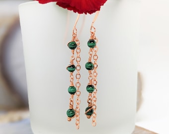 Malachite Copper Drop Earrings, Green Stone Dangle Earrings, Handmade Wire Wrapped Earrings For Women