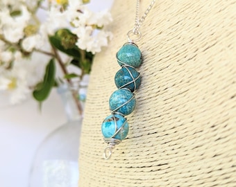 Turquoise Necklace in Silver Plate Wire Wrapped by Hand Stacked Stone Beads Pendant Blue Turquoise Necklace for Women December Birthstone