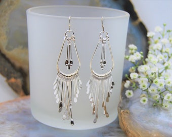 Silver Fringed Earrings Tear Drop Earrings Pear Shaped Earrings  Dangle Jewelry Southwestern Style