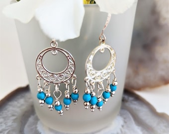 Handmade Turquoise Earrings, Dangle Jewelry in Silver, Women's Earrings, Blue Stones, Chandelier Earrings