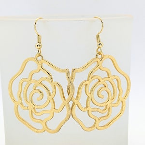 Rose Earrings in Gold Plate Floral Dangle Earrings Gold Plated Statement Earrings for Women