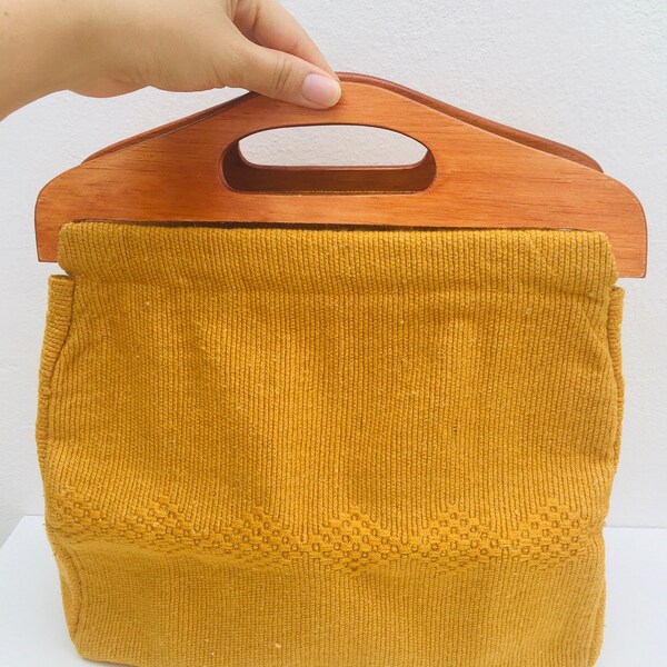 Mexican Handmade Bag Made of Woven Wool and Wooden Handles