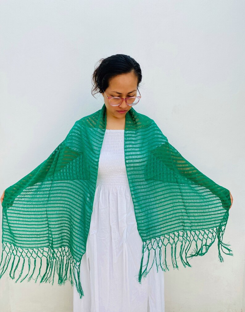 Mexican Rebozo Mexicano 100% cotton /70 inches including fringes X 20 inches/ 177 cm including fringes X 50 cm Verde