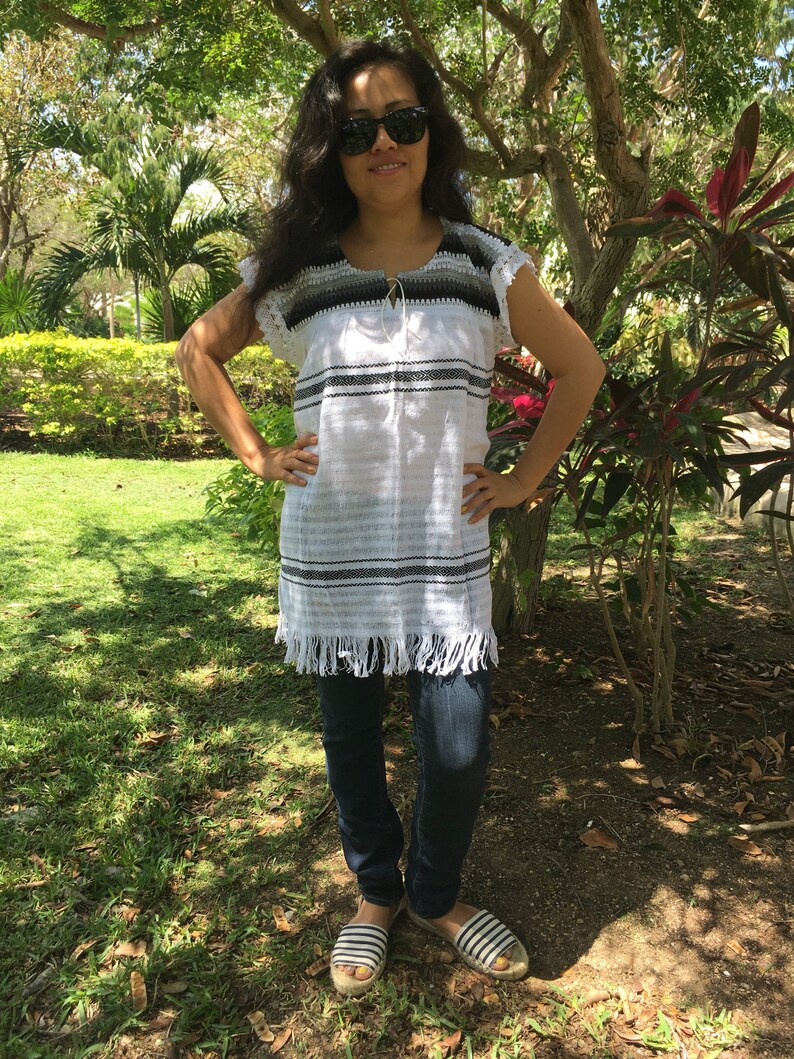 Tradicional Mexican ~ blue with white ~ Blouse of Loom