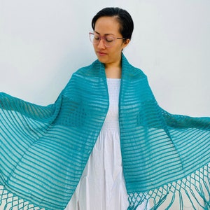 Mexican Rebozo Mexicano 100% cotton /70 inches including fringes X 20 inches/ 177 cm including fringes X 50 cm Aqua