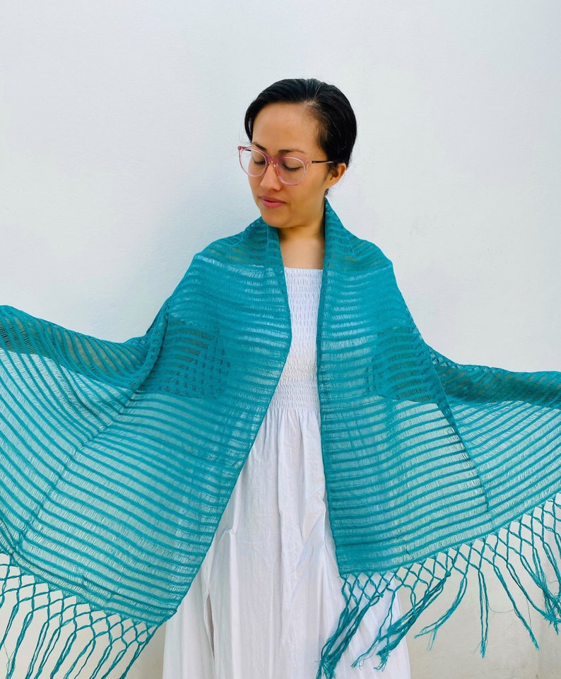 Mexican Rebozo Mexicano 100% cotton /70 inches including fringes X 20 inches/ 177 cm including fringes X 50 cm Aqua