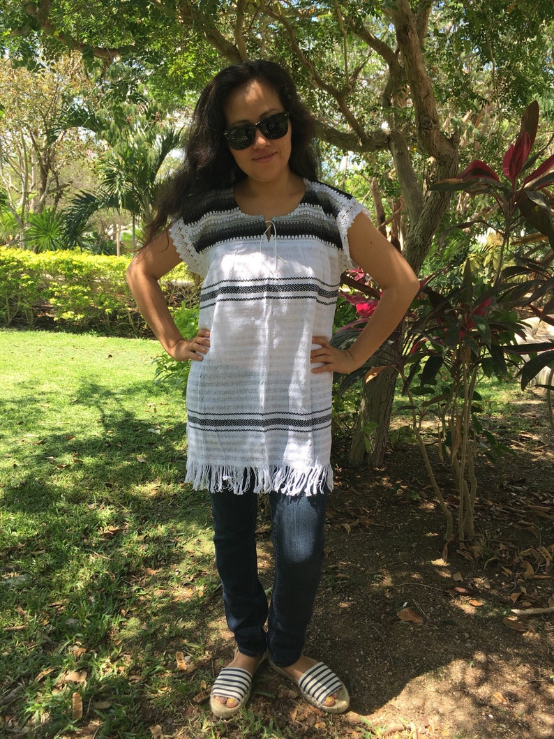 Tradicional Mexican ~ blue with white ~ Blouse of Loom