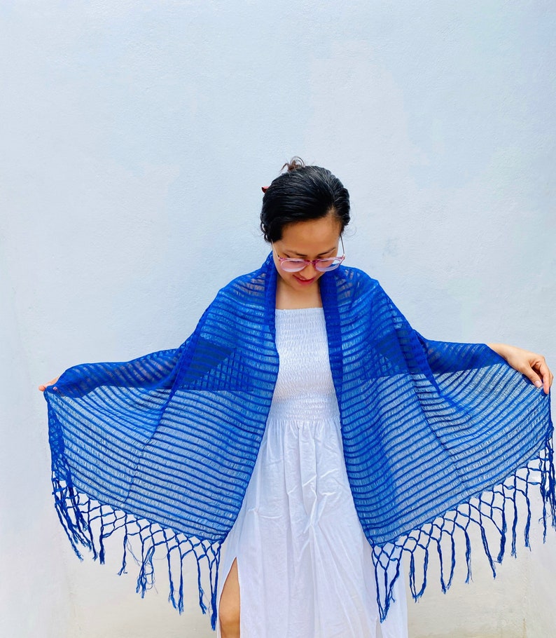 Mexican Rebozo Mexicano 100% cotton /70 inches including fringes X 20 inches/ 177 cm including fringes X 50 cm Azul