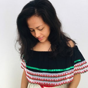 Off Shoulder Mexican Blouse / several Colors Black Tricolor