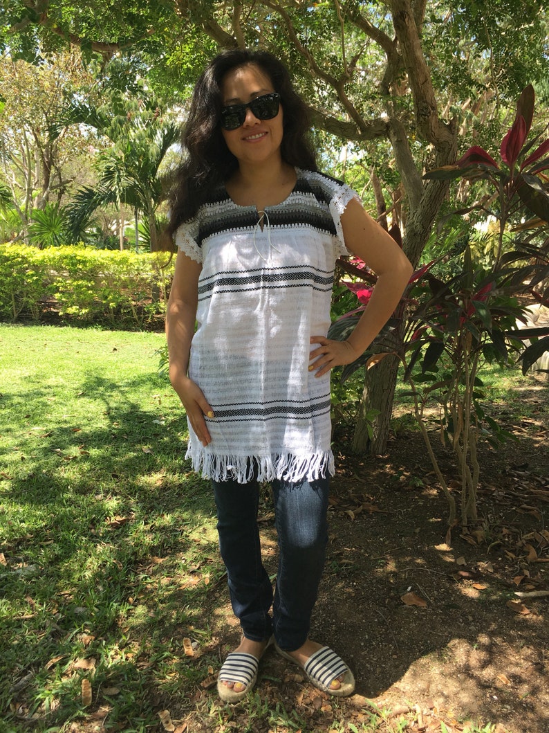 Tradicional Mexican ~ blue with white ~ Blouse of Loom