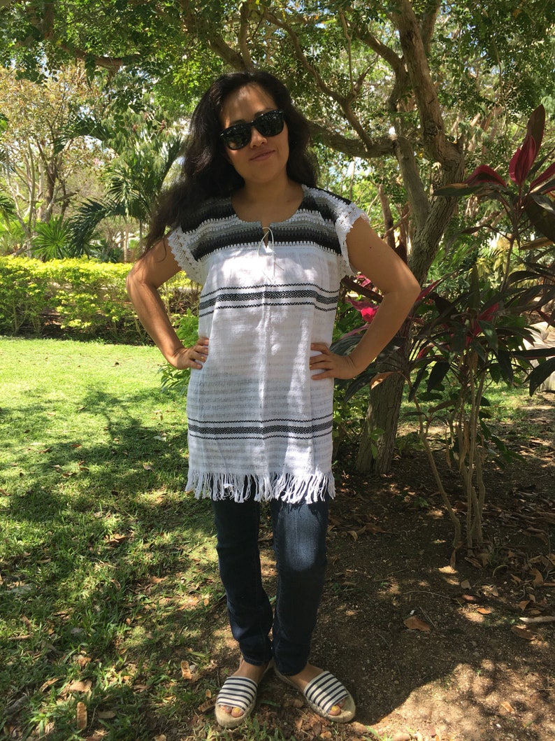 Tradicional Mexican ~ blue with white ~ Blouse of Loom