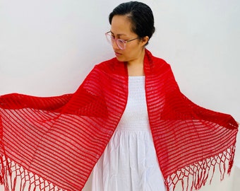 Red Mexican Rebozo Mexicano color Red 100% cotton /70" inches (including fringes) X 20" inches/ 177 cm (including fringes) X 50 cm