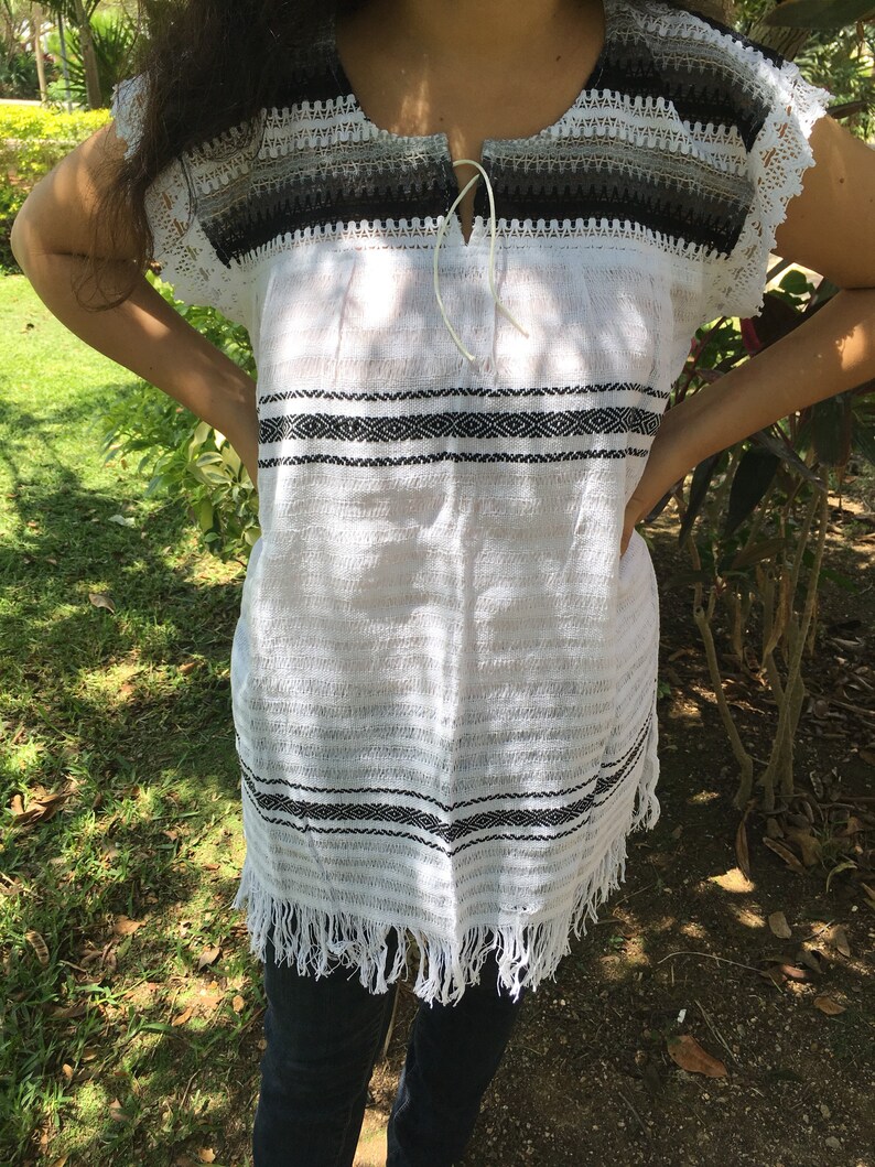 Tradicional Mexican ~ blue with white ~ Blouse of Loom