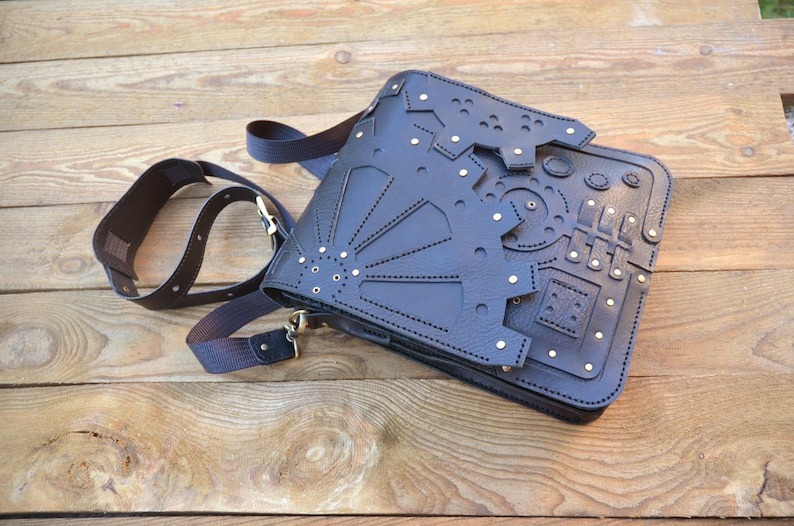 Steampunk schoudertas, Steampunk messenger bag, tassen voor mannen, leren tas Mac Air 11, Pro 13, mannen schouder lederen Crossbody 045 afbeelding 4