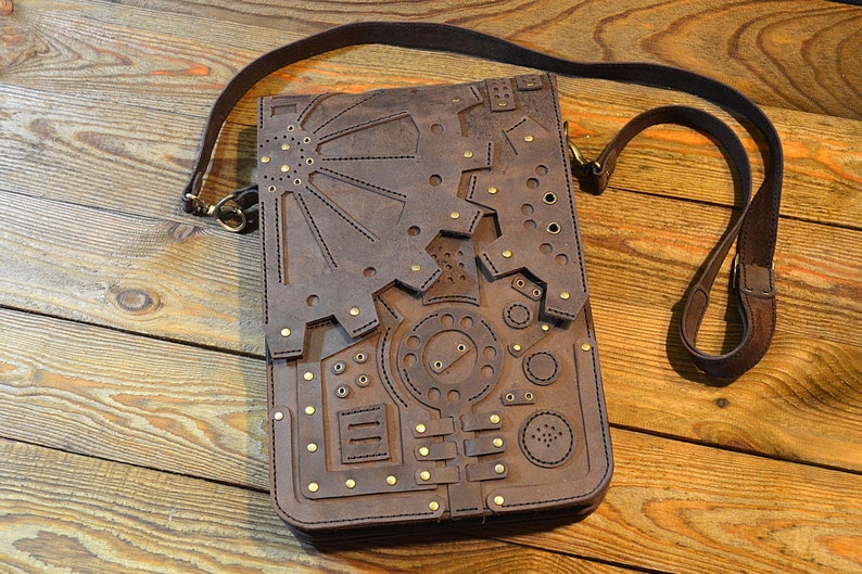 Steampunk schoudertas, Steampunk messenger bag, tassen voor mannen, leren tas Mac Air 11, Pro 13, mannen schouder lederen Crossbody 045 afbeelding 1