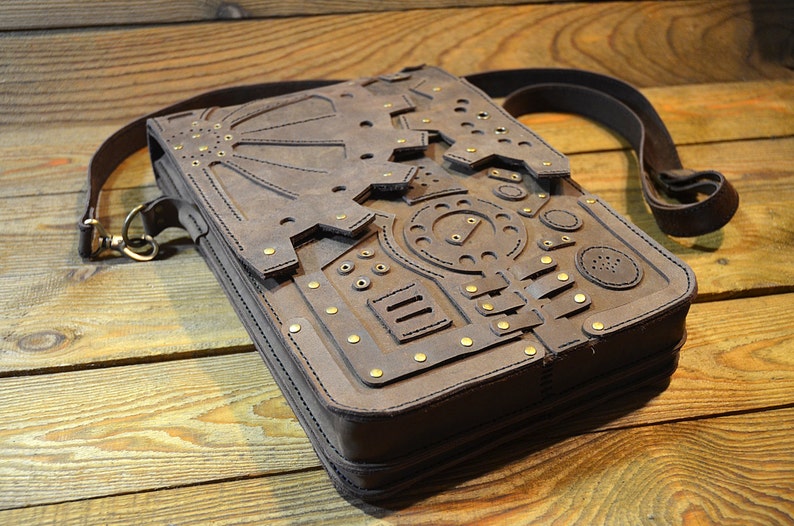 Steampunk schoudertas, Steampunk messenger bag, tassen voor mannen, leren tas Mac Air 11, Pro 13, mannen schouder lederen Crossbody 045 afbeelding 2