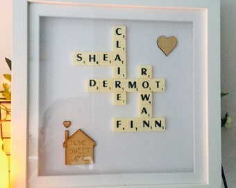 Scrabble picture frames, personalised gifts, box frames, new home , anniversaries, birthdays,engagement,all occasions