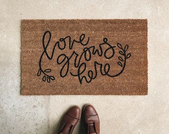 Love Grows Here Welcome Mat | Door Mat | Hand Painted | Housewarming Gift | Wedding Gift | Outdoor Doormat