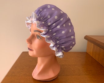 White Dots on Purple Background Waterproof Lined Shower Cap for Ladies, Girls, Haircare, Bathtime for the whole family.