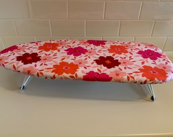 Small Ironing Board Cover. Fits IKEA Tabletop Ironing Board. 73cm Length x 32cm Width. Floral Design on Pink Background
