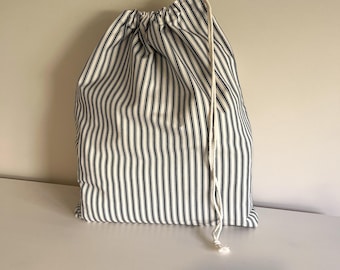 Navy Stripe Laundry Bag,  Cotton Cord Drawstring, Travel Laundry Bag, Fully Washable, Cotton Fabric.