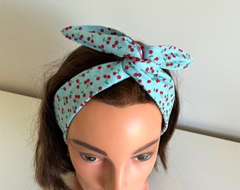 Rock and Roll Wired Headbands, All Cotton Fabric, Teal Cherry fabric with Red check background, Rockabilly, Twist Headband, FREE SHIPPING..