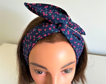 Rock and Roll Wired Headbands, All Cotton Fabrics, Cherry Print with Red check background, Rockabilly, Twist Headband, FREE SHIPPING....d