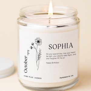 October Birth Flower Candle Gift for Her, Personalised Birth Month Candle Custom Birth Flower Birthday Friend Birthdate Candle BM1