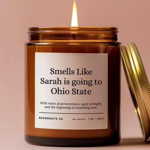 May include: A lit candle in a brown glass jar with a gold lid. The label reads "Smells Like Sarah is going to Ohio State." The candle is 7 oz / 198 g. The background is a solid pink.