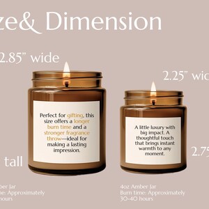 May include: Two amber glass candle jars with labels. The larger jar is 3.5 inches tall and 2.85 inches wide. The smaller jar is 2.75 inches tall and 2.25 inches wide. The labels describe the candles and their burn time.