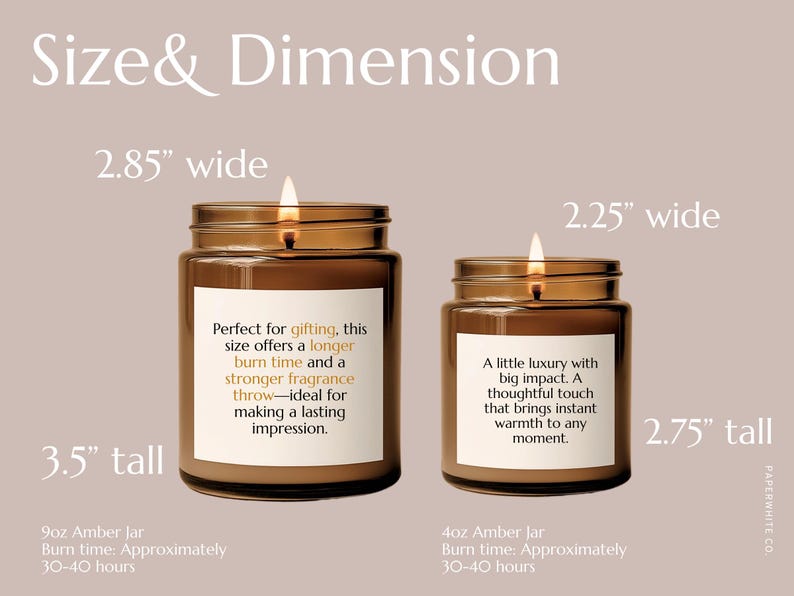 May include: Two amber glass candle jars with labels. The larger jar is 3.5 inches tall and 2.85 inches wide. The smaller jar is 2.75 inches tall and 2.25 inches wide. The labels describe the candles and their burn time.