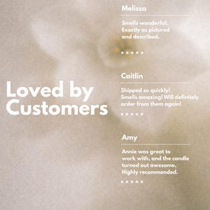 May include: A beige graphic featuring the text Loved by Customers and Paperwhite Co. It displays three customer reviews from Melissa, Caitlin, and Amy, each accompanied by five-star ratings, set against a soft, blurred floral background.