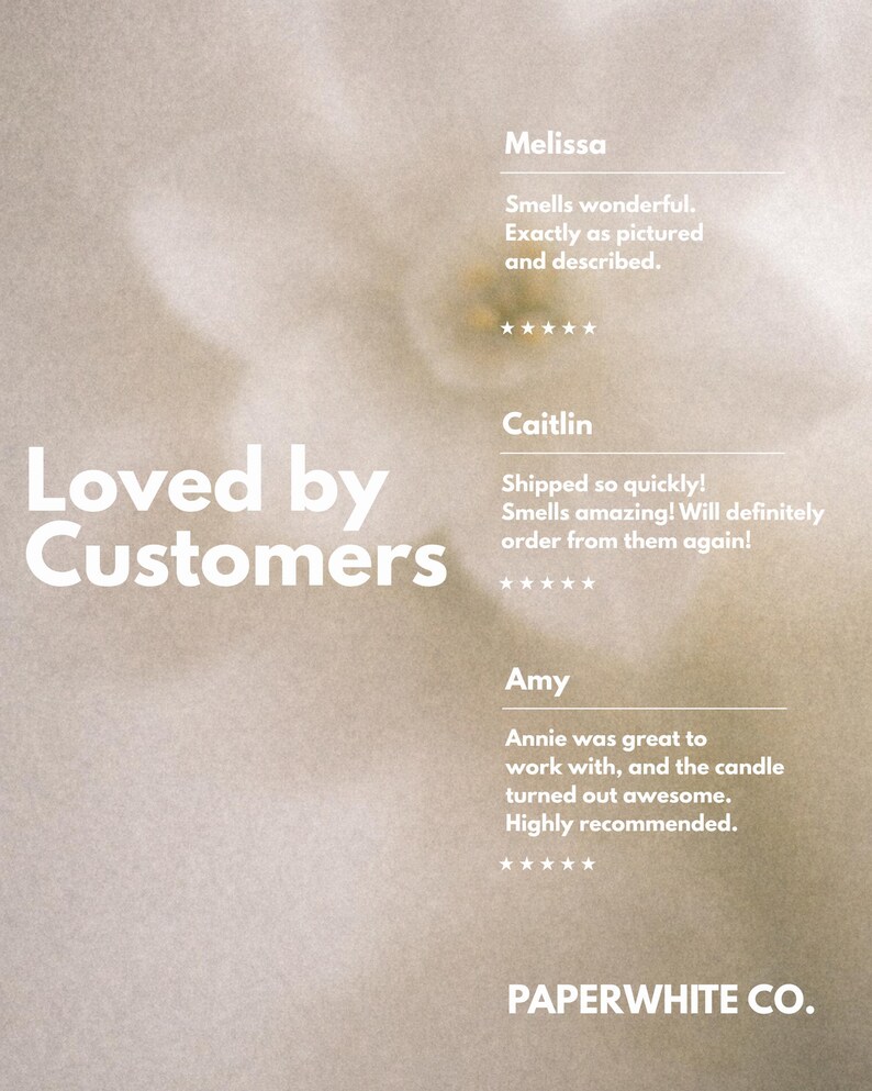 May include: A beige graphic featuring the text Loved by Customers and Paperwhite Co. It displays three customer reviews from Melissa, Caitlin, and Amy, each accompanied by five-star ratings, set against a soft, blurred floral background.