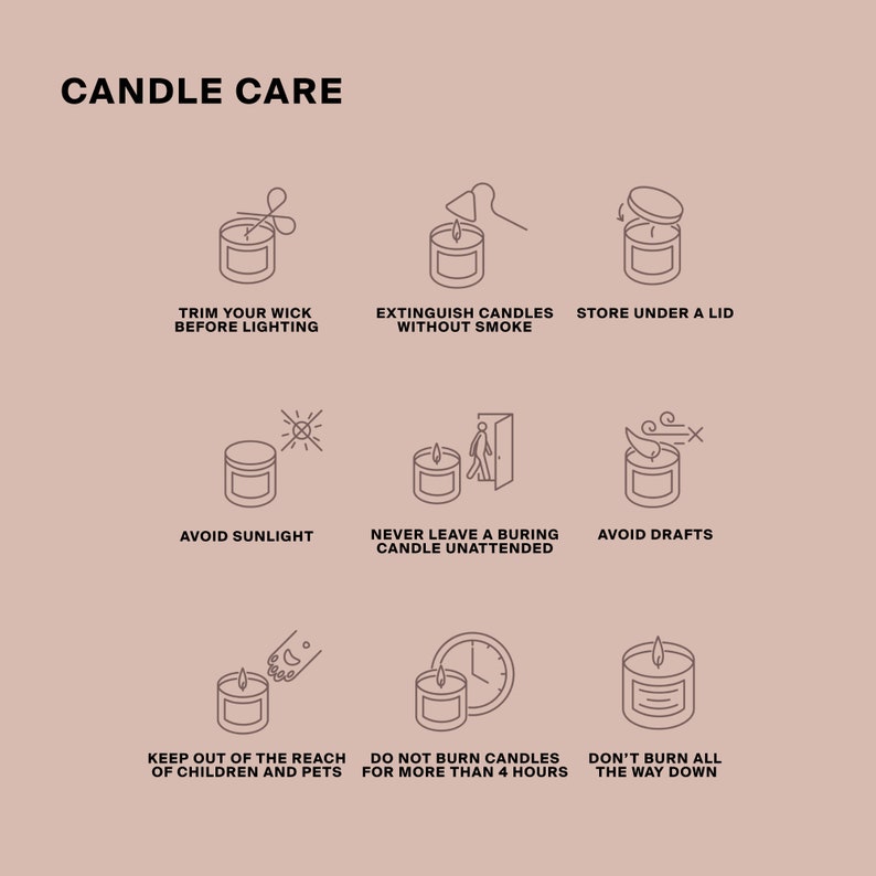 May include: Candle care tips illustrated with line drawings. Trim your wick before lighting, extinguish candles without smoke, store under a lid, avoid sunlight, never leave a burning candle unattended, avoid drafts, keep out of the reach of children and pets, do not burn candles for more than 4 hours, don't burn all the way down.