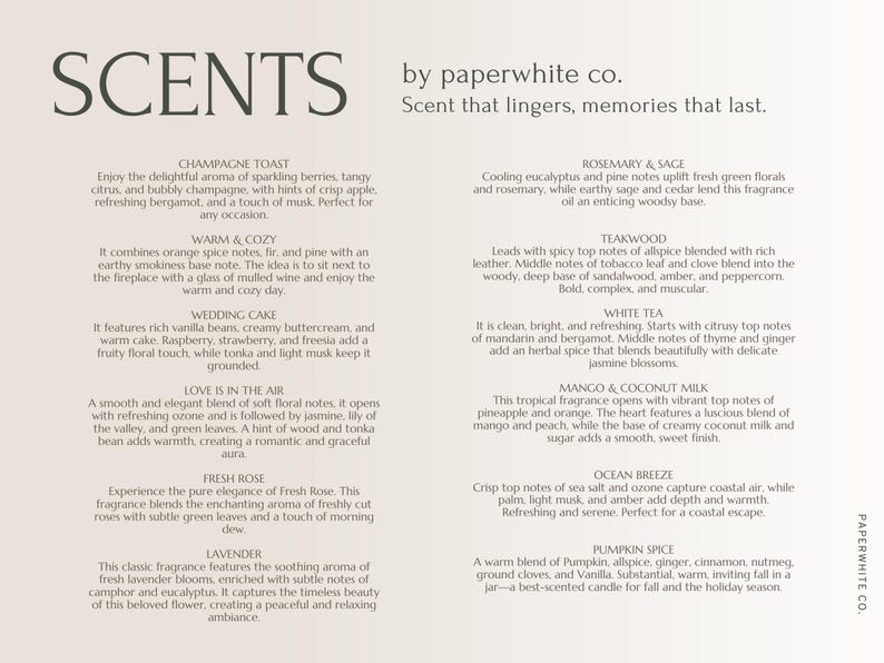 May include: A white card with a list of candle scents and descriptions. The scents include Champagne Toast, Warm & Cozy, Wedding Cake, Love is in the Air, Fresh Rose, Lavender, Rosemary & Sage, Teakwood, White Tea, Mango & Coconut Milk, Ocean Breeze, and Pumpkin Spice.