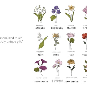 May include: A chart with illustrations of flowers representing each month of the year.  The flowers are drawn in black outlines with colored fills.  The months are listed below each flower with the name of the flower.