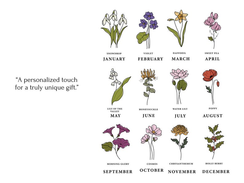 May include: A chart with illustrations of flowers representing each month of the year.  The flowers are drawn in black outlines with colored fills.  The months are listed below each flower with the name of the flower.