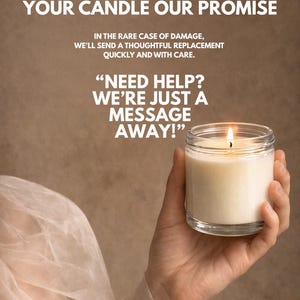 May include: A lit, white candle in a clear glass jar. The image includes the text "YOUR CANDLE OUR PROMISE" and "NEED HELP? WE'RE JUST A MESSAGE AWAY!"