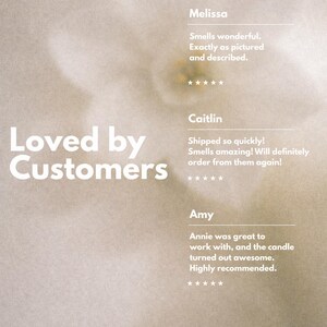 K&ouml;nnte beinhalten: Eine beige Grafik mit dem Text Loved by Customers und Paperwhite Co. Sie zeigt drei Kundenbewertungen von Melissa, Caitlin und Amy, jeweils mit F&uuml;nf-Sterne-Bewertungen, vor einem weichen, unscharfen floralen Hintergrund.