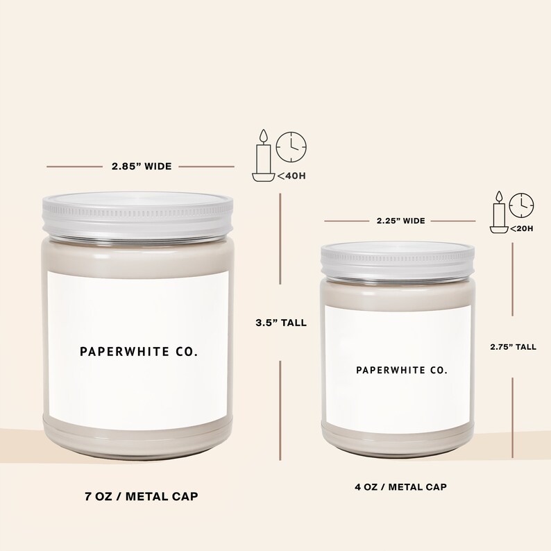 May include: Two glass candle jars with metal lids. The larger jar is 7 oz and 3.5 inches tall, with a 2.85 inch wide opening. The smaller jar is 4 oz and 2.75 inches tall, with a 2.25 inch wide opening. Both jars have a white label with the text "PAPERWHITE CO."
