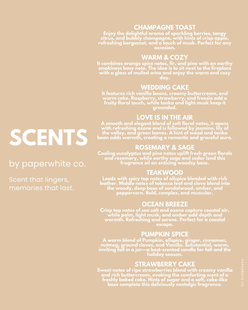 May include: A light tan informational sign titled SCENTS by paperwhite co. listing eight fragrance descriptions including Champagne Toast, Warm & Cozy, Wedding Cake, Love Is In The Air, Rosemary & Sage, Teakwood, Ocean Breeze, Pumpkin Spice, and Strawberry Cake.