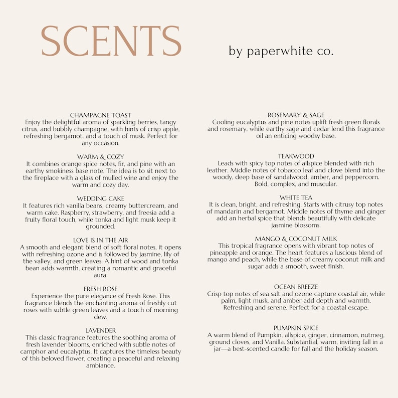 Peut inclure: Texte sur fond cr&egrave;me d&eacute;crivant divers parfums, dont Champagne Toast, Warm & Cozy, Wedding Cake, Love is in the Air, Fresh Rose et Lavender. Le texte est en police serif.