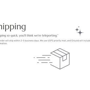 May include: A graphic illustration on a white background with the word "Shipping" in a serif font. Below the word is the text "Shipping so quick, you'll think we're teleporting." A box with speed lines is shown.