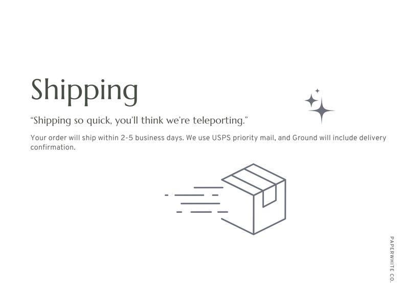 May include: A graphic illustration on a white background with the word "Shipping" in a serif font. Below the word is the text "Shipping so quick, you'll think we're teleporting." A box with speed lines is shown.