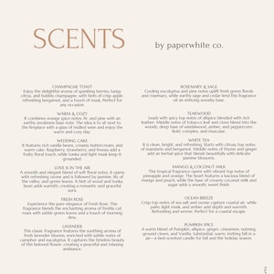 May include: A beige informational sheet titled SCENTS by paperwhite co. listing twelve fragrance descriptions including Champagne Toast, Rosemary & Sage, Warm & Cozy, Teakwood, Wedding Cake, White Tea, Love Is In The Air, Mango & Coconut Milk, Fresh Rose, Ocean Breeze, Lavender, and Pumpkin Spice.