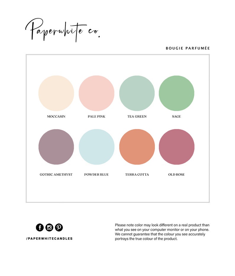 K&ouml;nnte beinhalten: Eine Farbkarte mit 10 verschiedenen Farben f&uuml;r Kerzen. Die Farben sind: Moccasin, Hellrosa, Teegr&uuml;n, Salbei, Gotischer Amethyst, Puderblau, Terrakotta, Altrosa. Der Text "Paperwhite co." und "BOUGIE PARFUM&Eacute;E" befindet sich oben auf der Karte. Der Text "/PAPERWHITECANDLES" befindet sich unten auf der Karte.