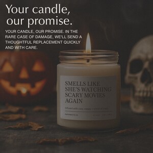 Candle styled with pumpkins, dried leaves, and warm fairy lights — perfect for Halloween movie nights.